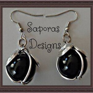 Silver Tone Handmade Dangle Earrings With Black Bead